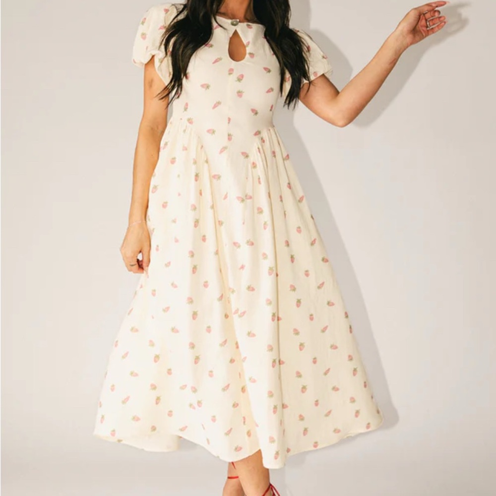 Cream Midi Sundress with Puff Sleeves and Crew Neck